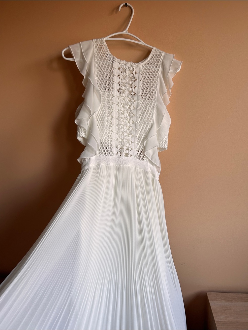 Designer White Pleated Ruffle Maxi Dress with Crochet Bodice